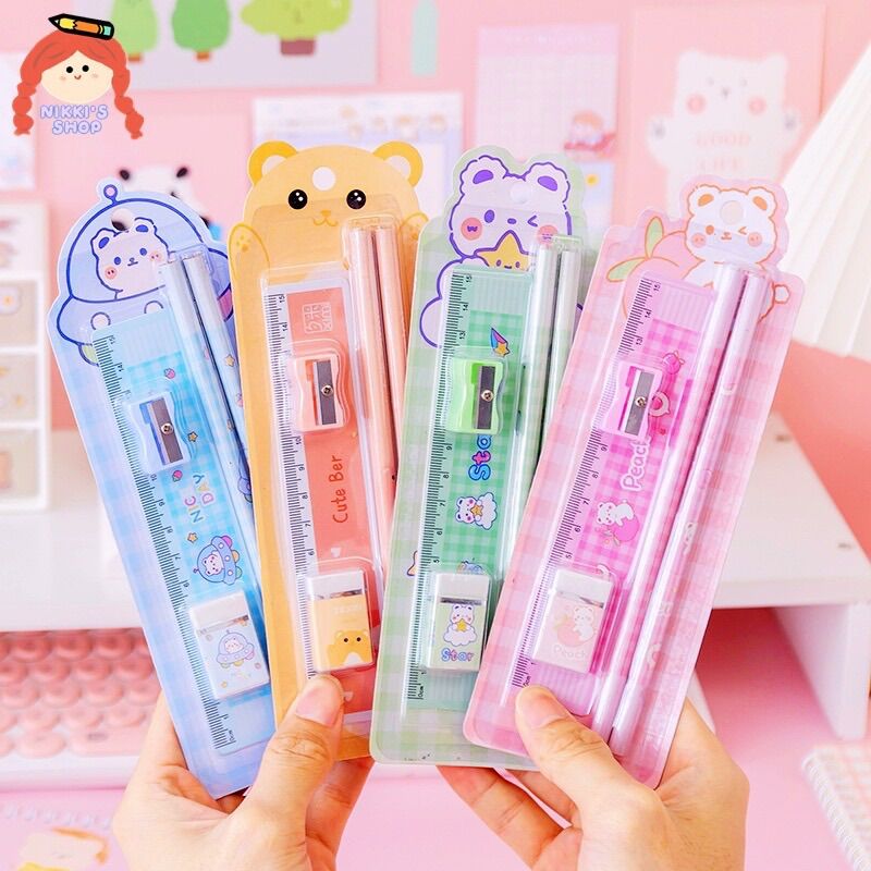 Bộ bút chì, thước kẻ, chuốt chì, gôm 5 món nhiều màu
