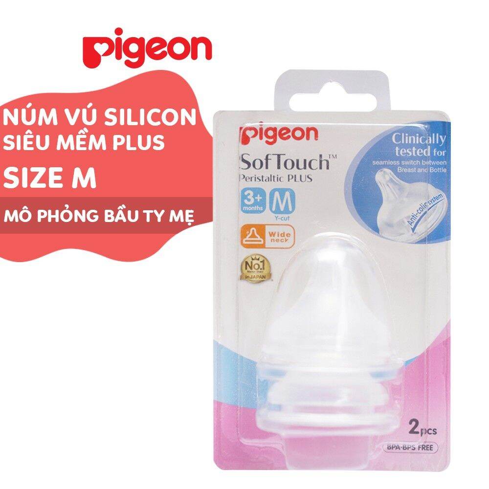 Núm vú Silicone siêu mềm Plus Pigeon sử dụng cho bình sữa Cổ rộng (2 cái /1 Vĩ)
