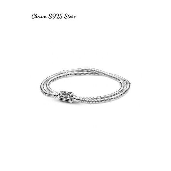 Vòng tay pan ale mềm dây đôi khoá trụ đính đá bạc s925