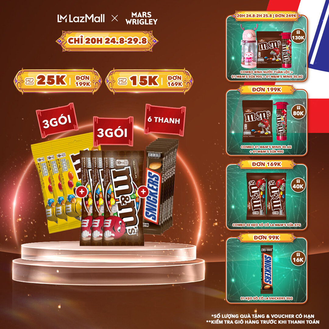 Combo kẹo sô cô la snickers, m&m's sữa, m&m's đậu phộng