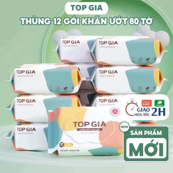 Thùng 12 gói Khăn ướt 80 tờ Topgia giấy ướt không mùi không parabens mềm mịn an toàn dành cho em bé