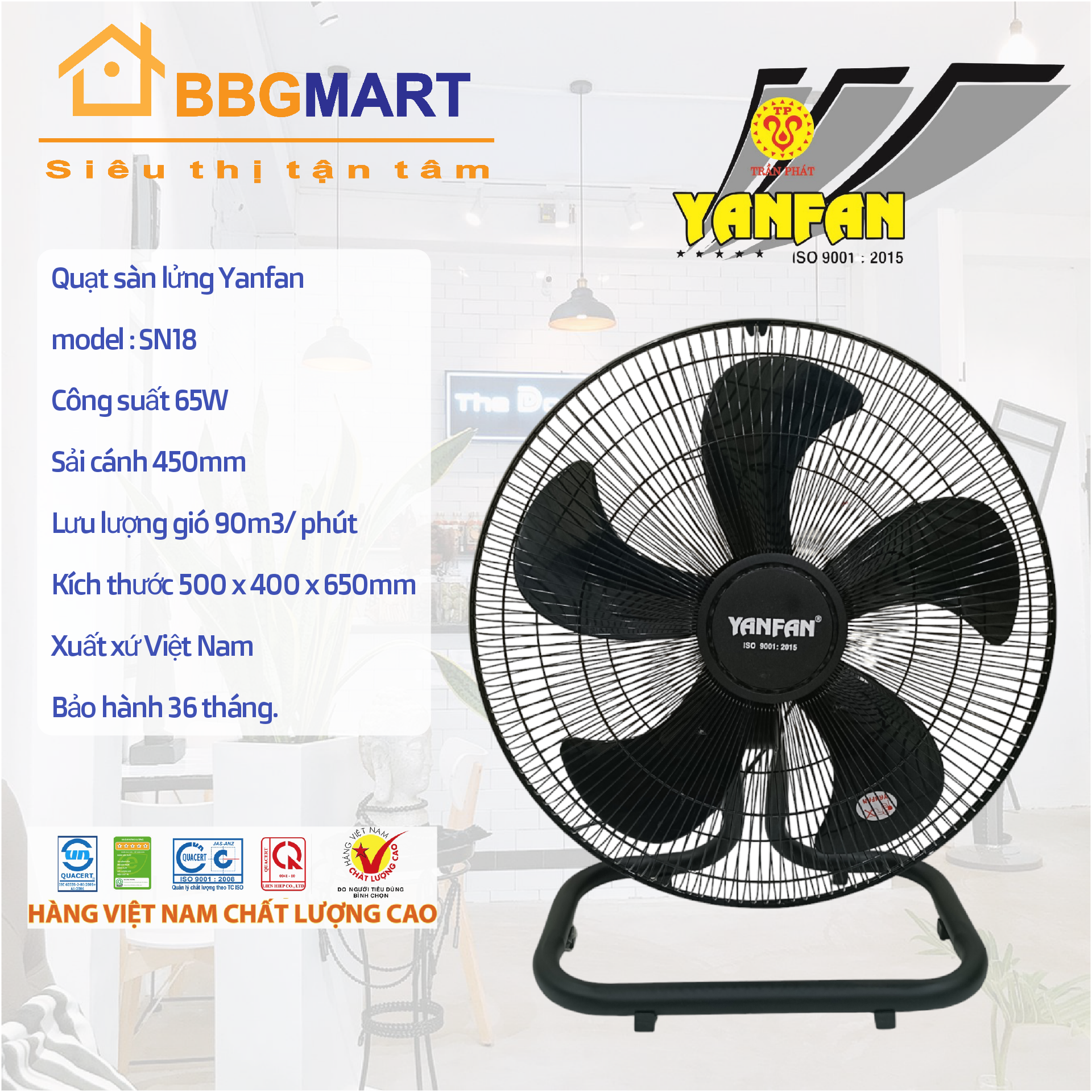 Quạt sàn Yanfan SN18 65w sải cánh 450mm lưu lượng gió mạnh vượt trội