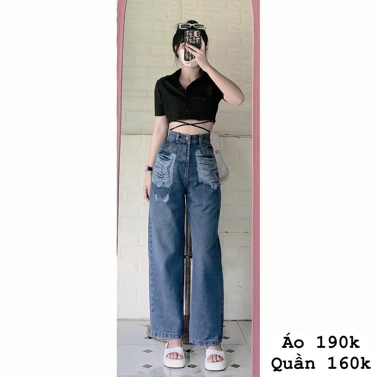 HOÀN TIỀN 15% - Set Baggy jeans ống suông rách cá tính + crop sơ mi cột dây đen