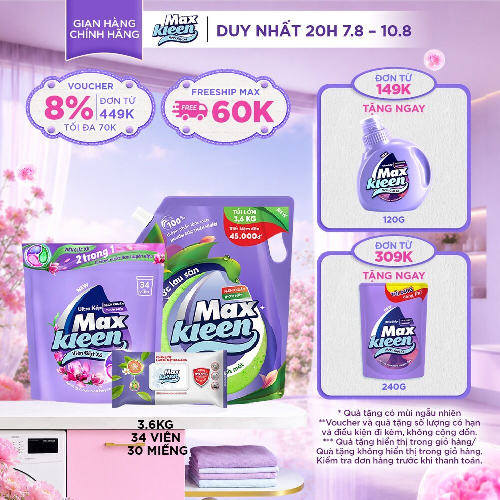 Combo túi viên giặt xả MaxKleen hương huyền diệu + Túi nước lau sàn 3.6kg + Khăn lau bề mặt