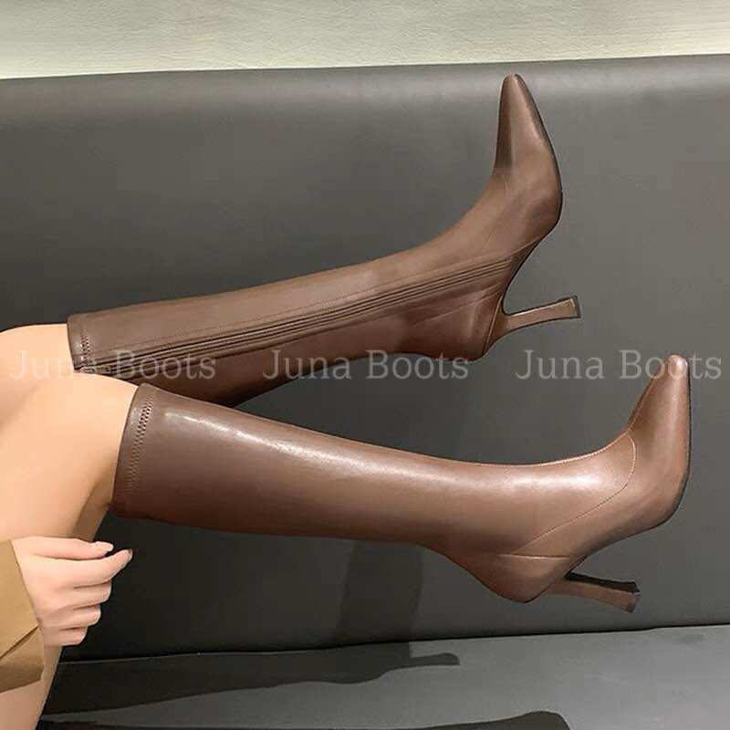 Bốt đùi da mềm mũi nhọn gót nhọn sang chảnh - Giày boots nữ ôm chân hàng quảng châu cao cấp