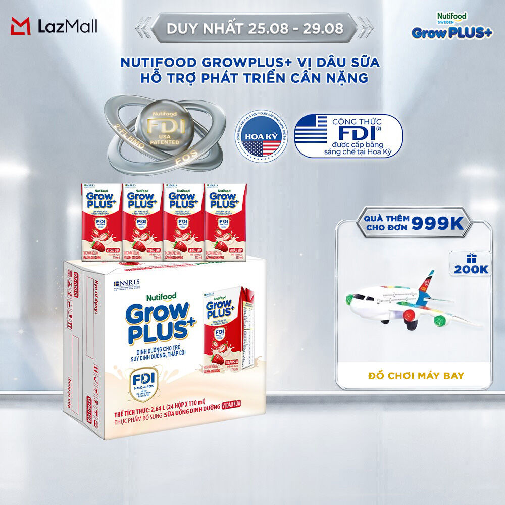 Thùng 24 hộp Sữa bột pha sẵn Nutifood GrowPLUS+ Vị Dâu Sữa hộp 110ml - Hỗ trợ phát triển cân nặng - (24 hộp x 110ml)