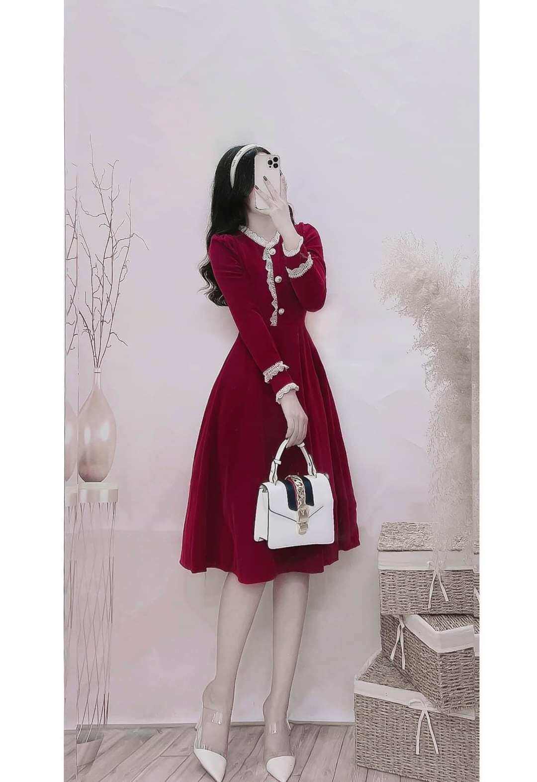 Váy nhung cao cấp, 2 màu đỏ, đen. size L