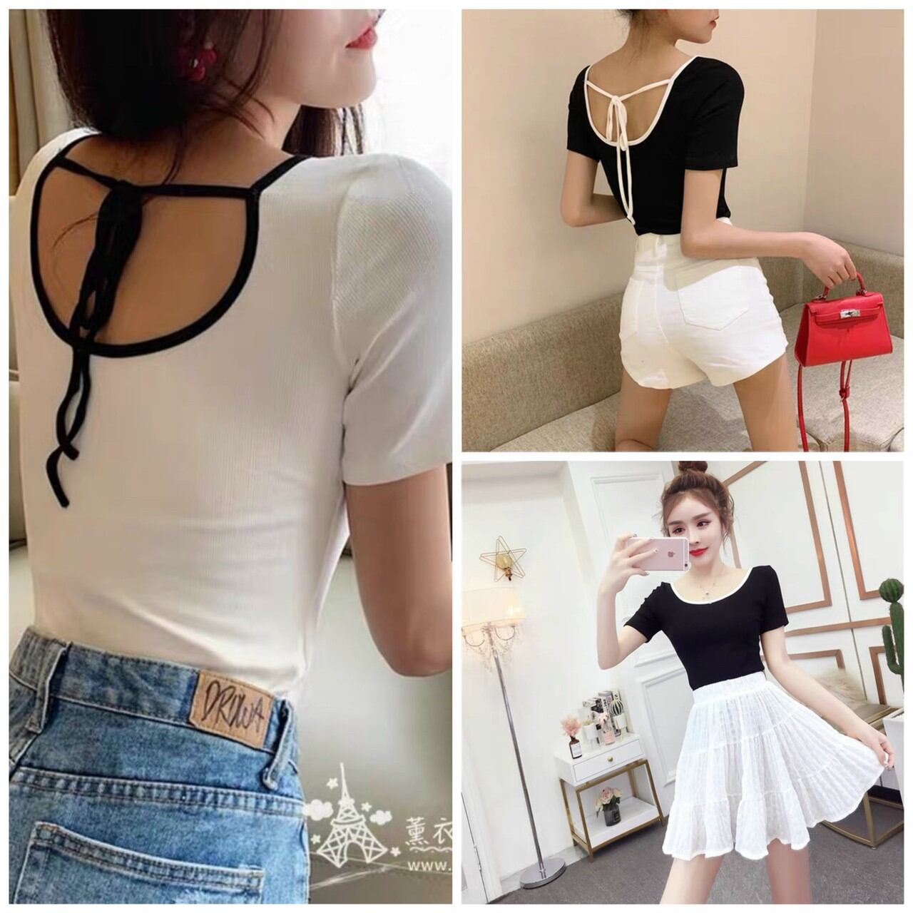 Áo croptop cổ tròn cột dây lưng tay ngắn
