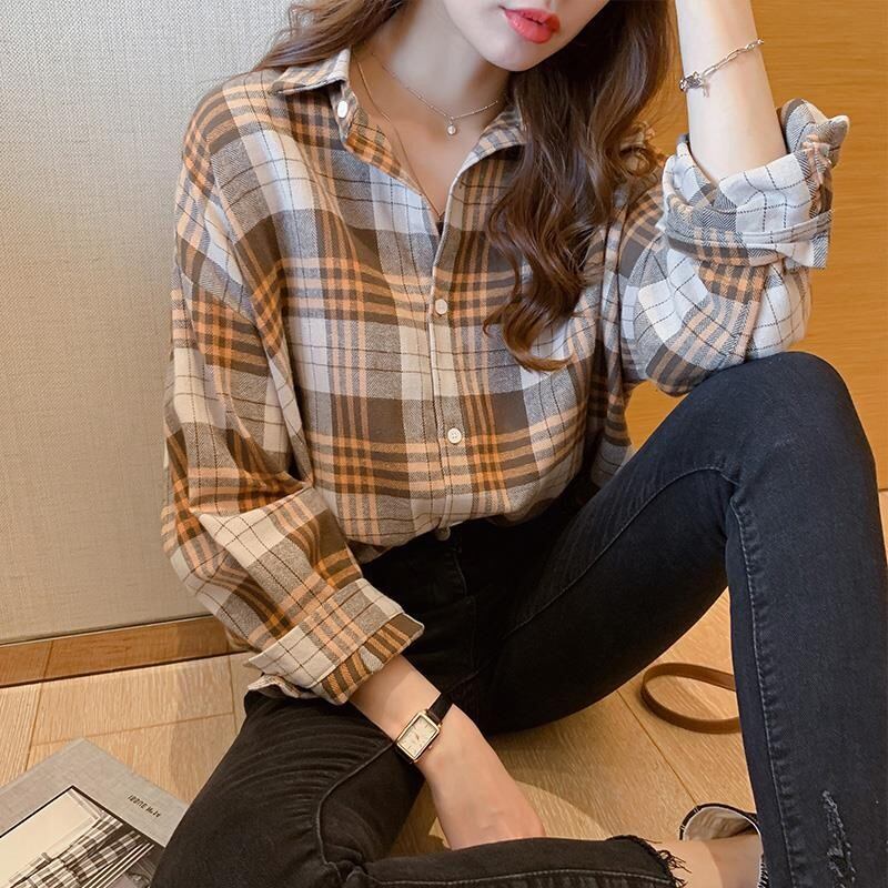 Áo Sơ Mi Nữ Kẻ Sọc Cài Nút Kích Thước Lớn Dáng Rộng Mùa Thu Dài Tay Công Sở Quần Áo Ống Thẳng Loại