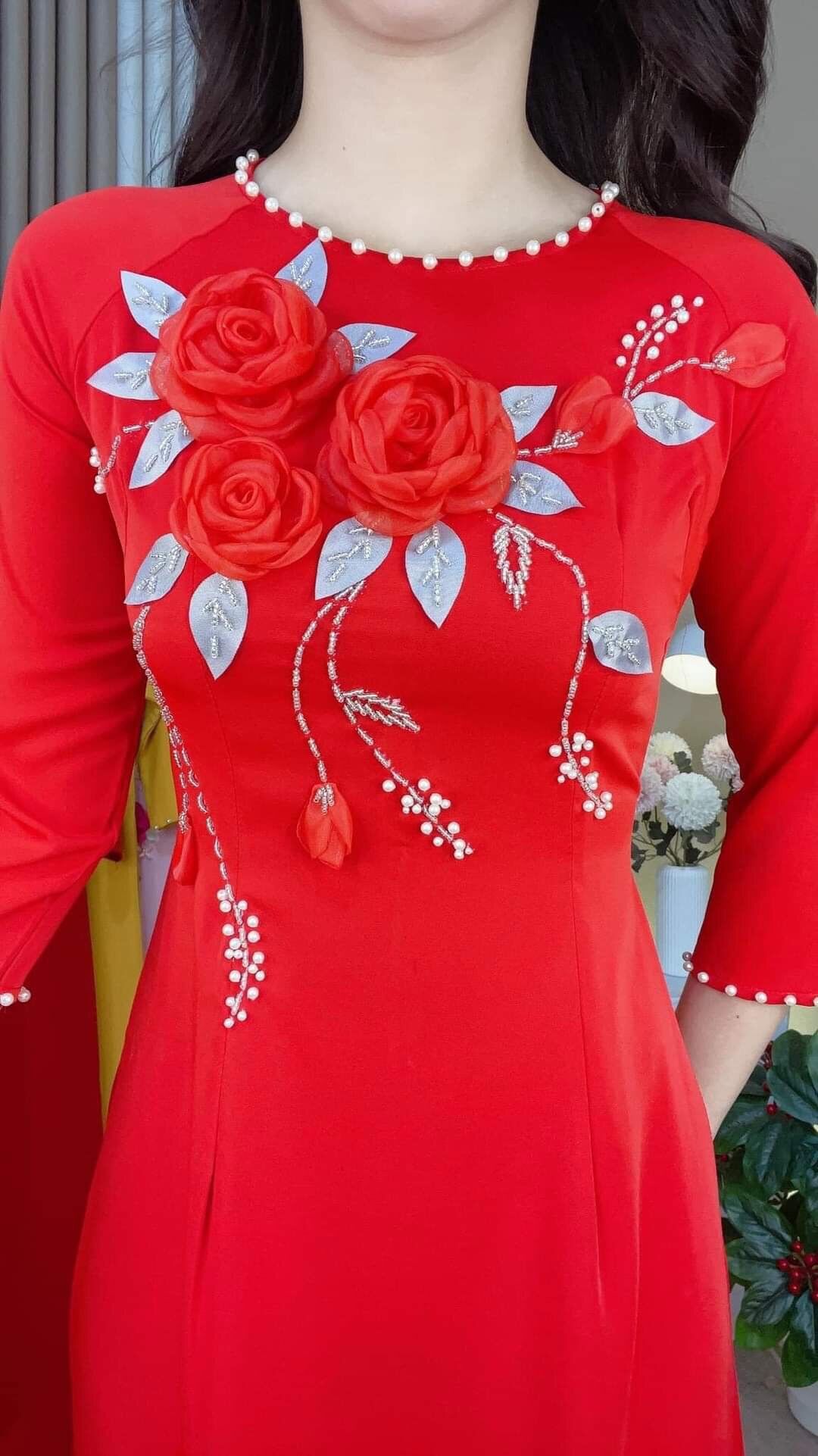 Áo dài lụa mỹ thêu hoa hồng m1
