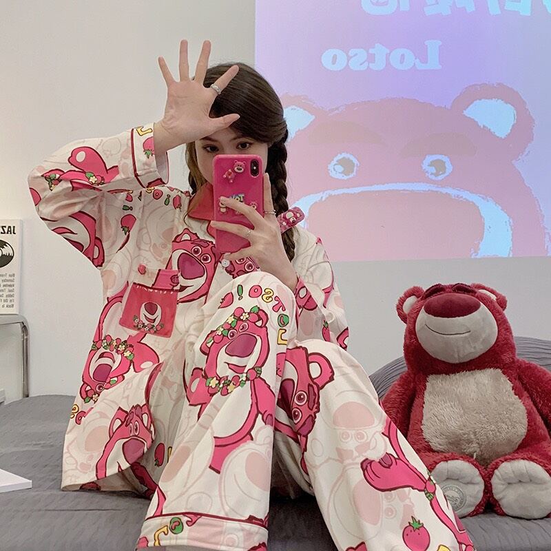 Bộ đồ ngủ pijama cao cấp dài tay in hình Gấu dâu Cute