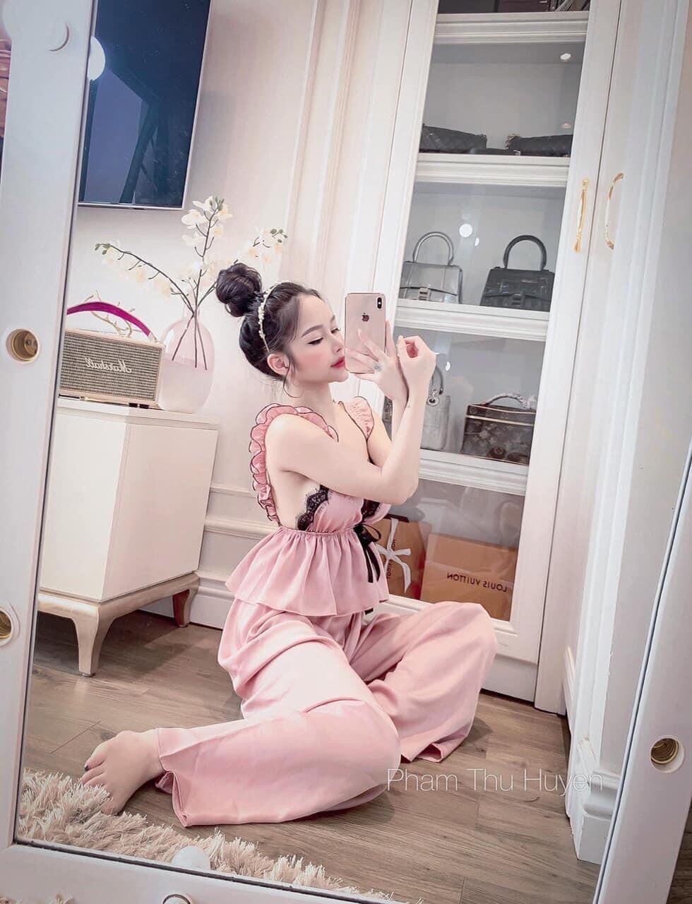 Bộ ngủ lụa ren bèo 2 dây siêu xinh quần dài sexy