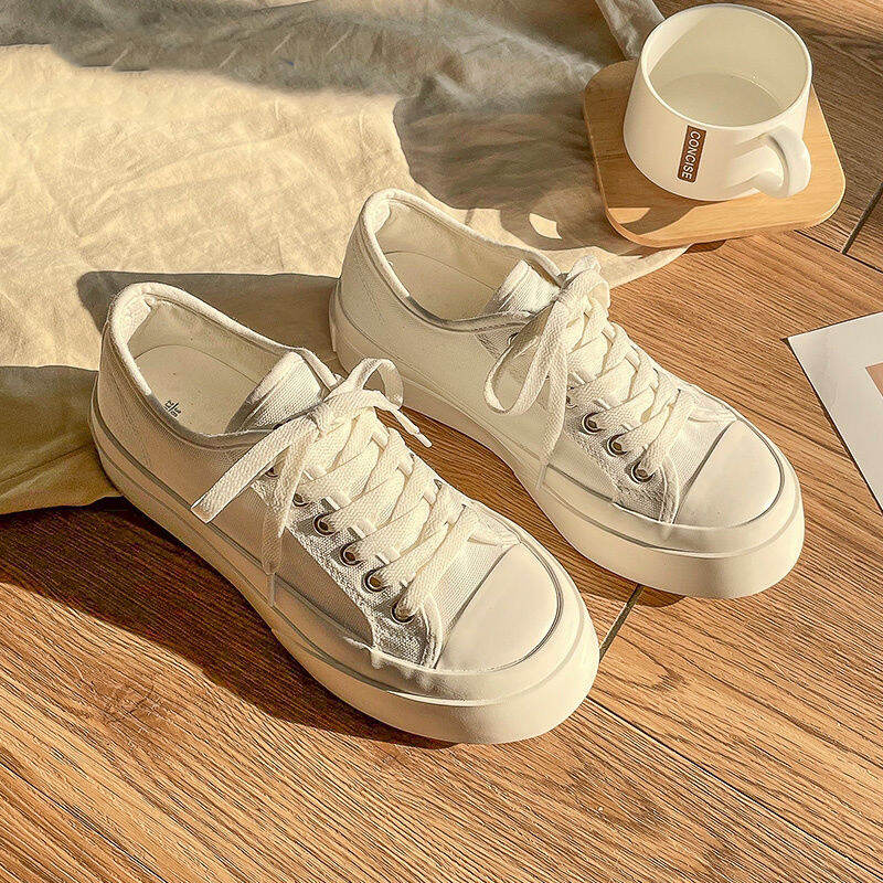 Giày Vải Bố Đế Dày Mũi Tròn Giày Mũi Rộng Học Sinh Dễ Phối Phong Cách Nhật Bản Đáng Yêu Cho Nữ Giày Trắng Cổ Thấp Sành Điệu Mẫu Mới