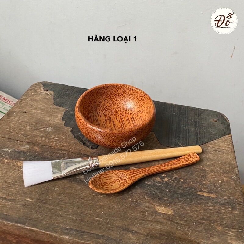 Combo 3 món: chén gỗ dừa dk 9cm+ muỗng gỗ dừa+ cọ cán gỗ bộ dụng cụ trộn và đắp mặt nạ bộ chén cọ