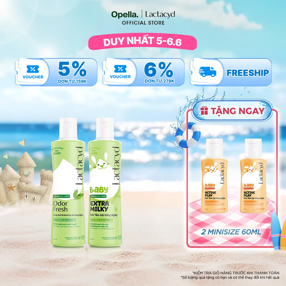 Bộ Dung Dịch Vệ Sinh Phụ Nữ Lactacyd Odor Fresh Ngăn Mùi 24H 250ml + Sữa Tắm Gội Trẻ em Lactacyd Baby Extra Milky 250ml