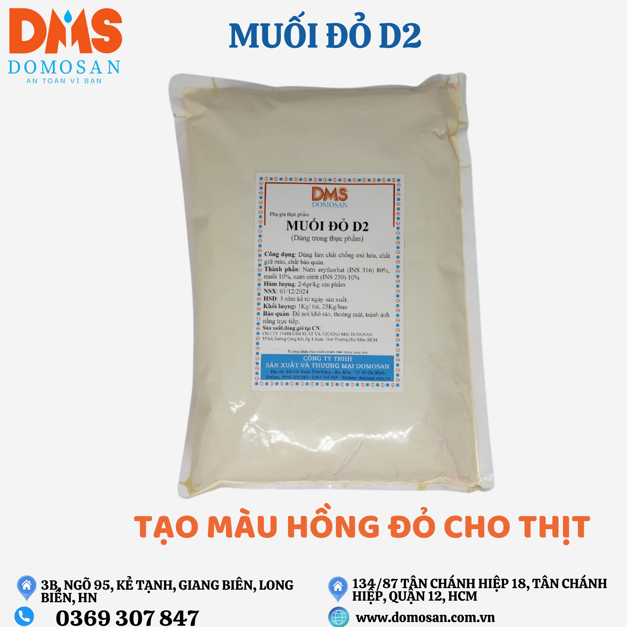 1kg MUỐI ĐỎ D2 -muối diêm tạo màu hồng đỏ cho nem chua, xúc xích,jampon..