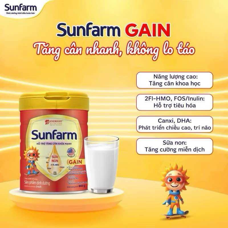 Sữa bột Sunfarm Gain - Tăng cân nhanh, không lo táo bón 800g, trên 3 tuổi