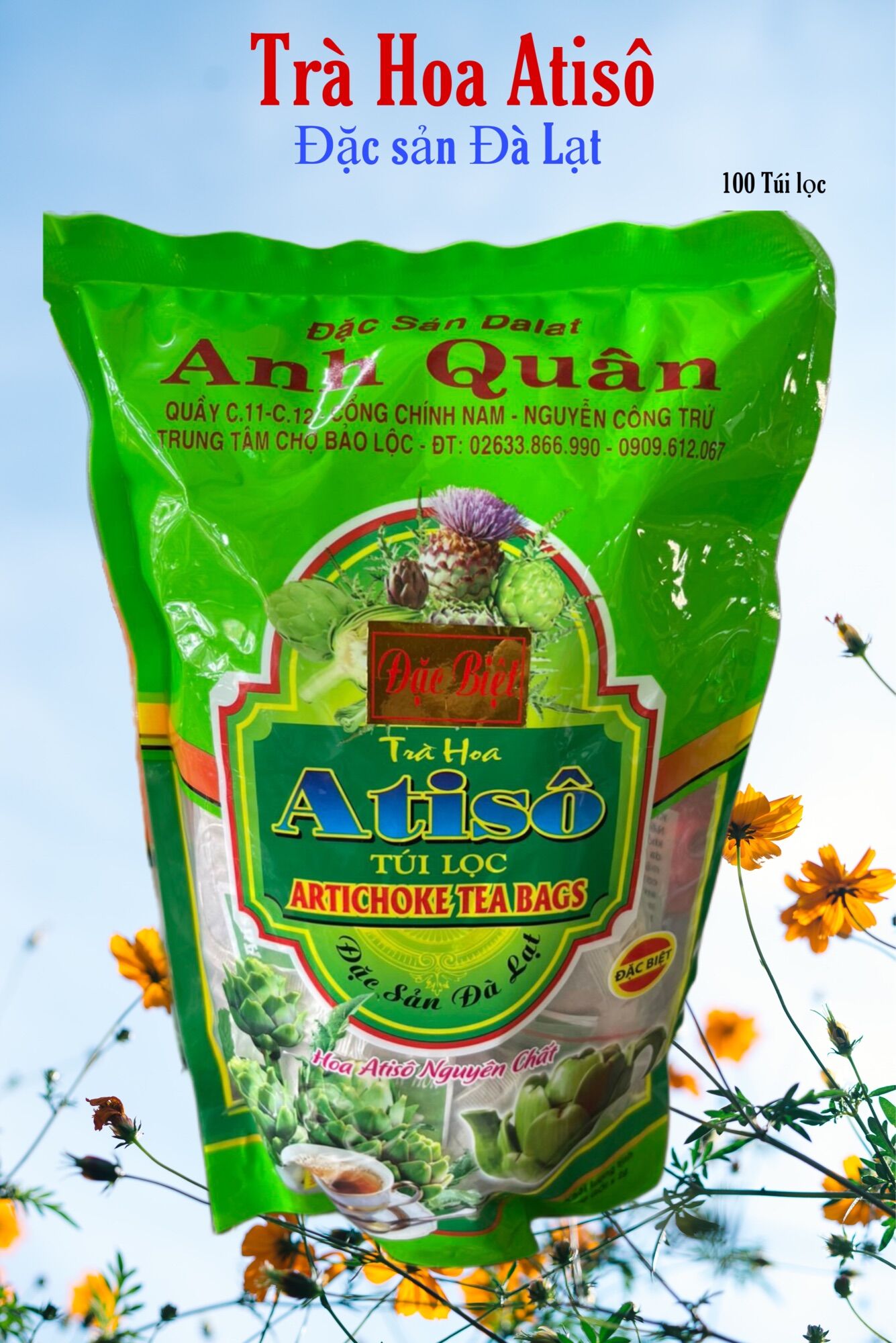 Trà túi lọc hoa atiso loại đặc biệt nguyên chất 100% - 100 túi lọc - đặc sản đà lạt