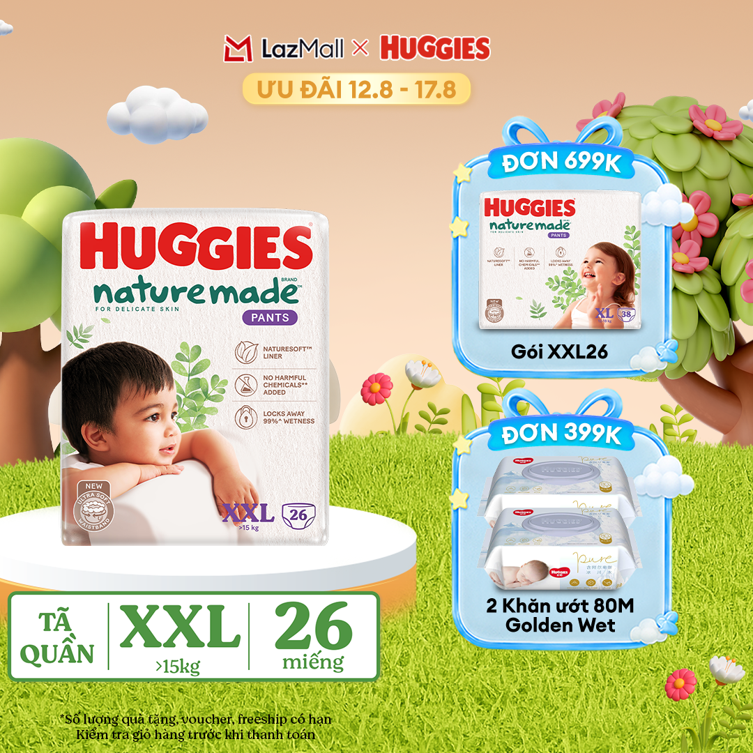 [12-17.08 QUÀ TẶNG ĐƠN 399K] Tã/Bỉm quần HUGGIES PLATINUM NatureMade XXL26 (Trên 15kg)-Gói Jumbo 26 miếng