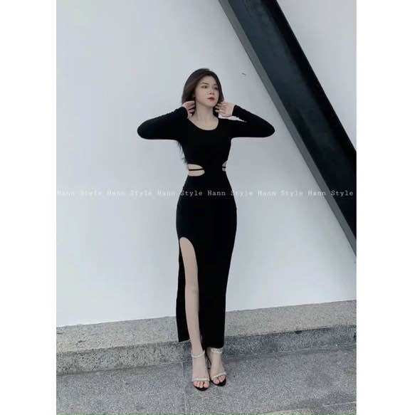 Đầm body Tay Dài xẻ tà cột dây khoét eo sexy tôn dáng:
