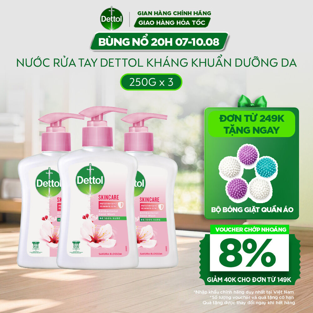 Combo 3 nước rửa tay Dettol kháng khuẩn dưỡng da, hương hoa anh đào - Chai 250g