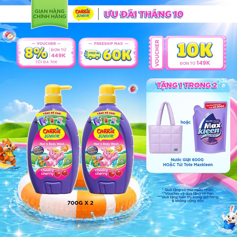 Combo 2 Sữa Tắm Gội cho bé Carrie Junior chiết xuất trái cây thiên nhiên Hương Cherry (700g/chai)