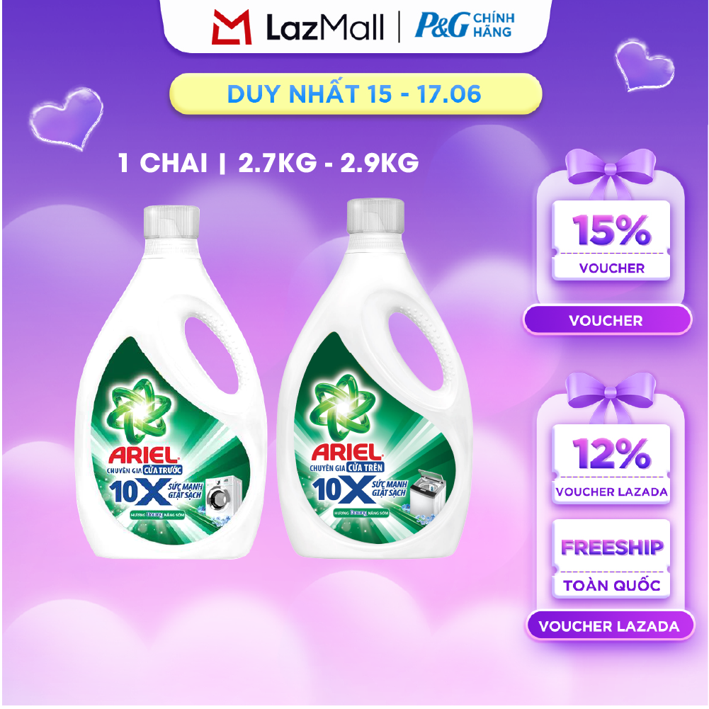 Nước Giặt Gel ARIEL 10X Sức Mạnh Giặt Sạch Chuyên Gia Cửa Trước/Cửa Trên Hương Downy Nắng Sớm Chai 2.7KG/2.9KG