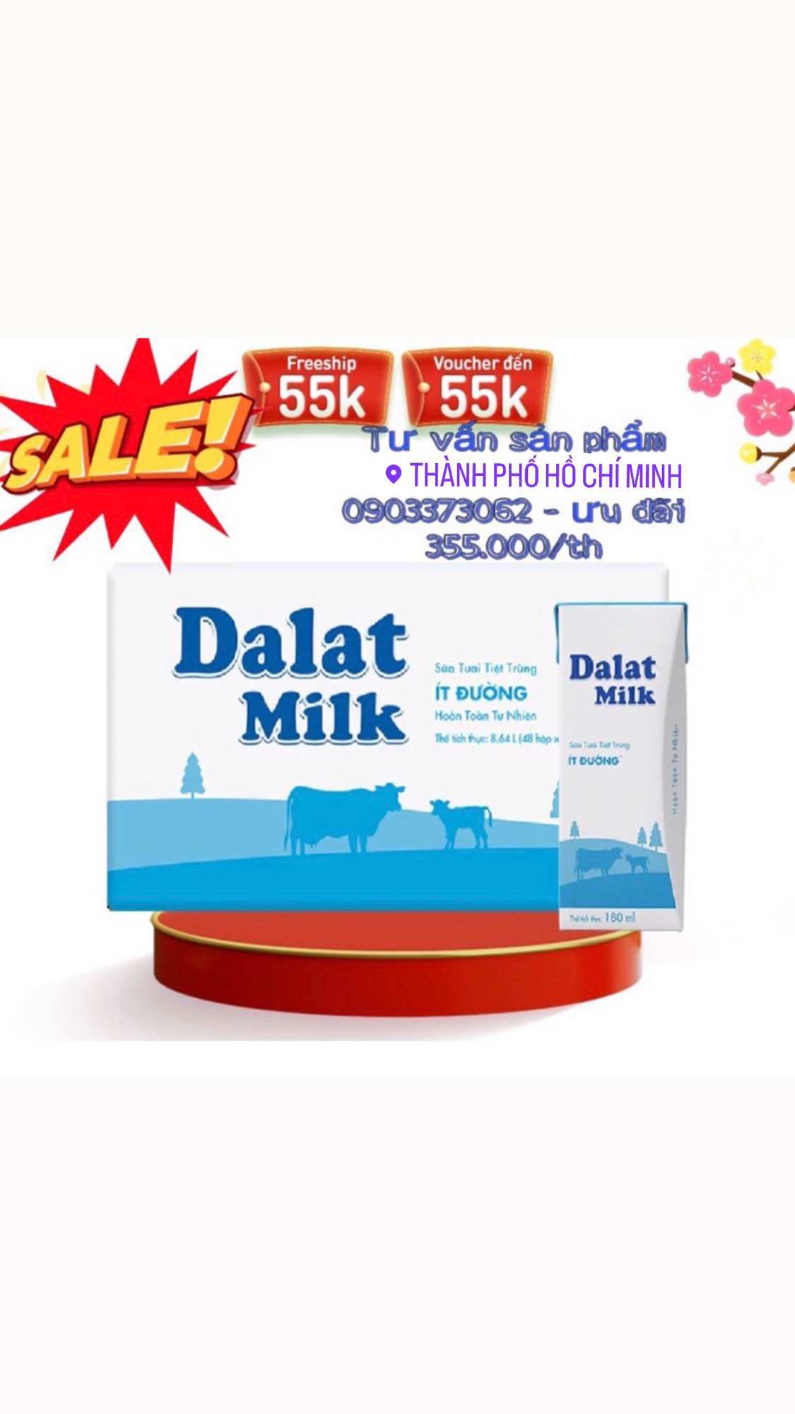 Thùng Tiệt trùng dalatmilk ít đường hộp 180ml Date th11