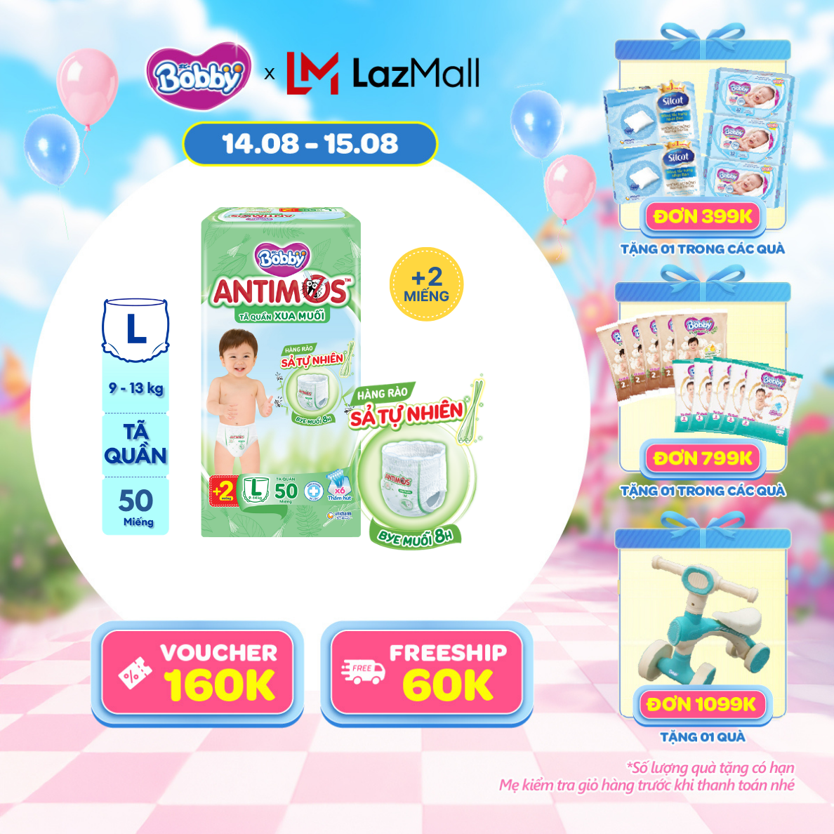 [12-14.08 QUÀ TO][TẶNG KÈM 2 MIẾNG] Tã Quần Xua Muỗi Bobby Antimos – Hàng rào Sả tự nhiên Bye Muỗi 8H - Size L 50 miếng