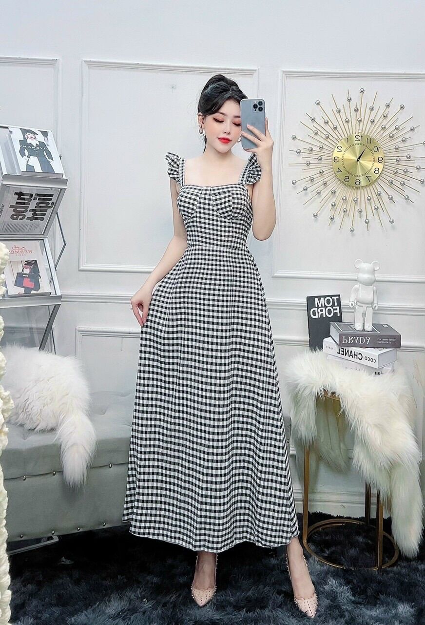 Đầm maxi caro cánh tiên có mút.