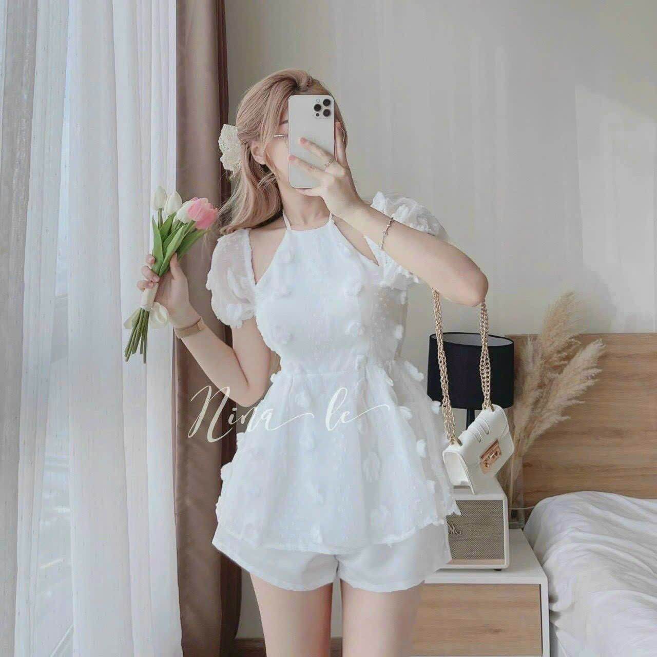 Set bộ cổ yếm tay phồng cổ cột nơ Freesize 40kg - 55kg