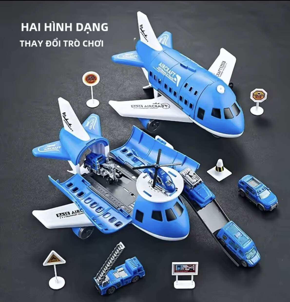Inertial Airplane Toy Set for Children with 6 Traffic Signs, 3 Cars and 1 Helicopter, Christmas Gift, Plastic Airplane Model for Children 3-6 Years Old