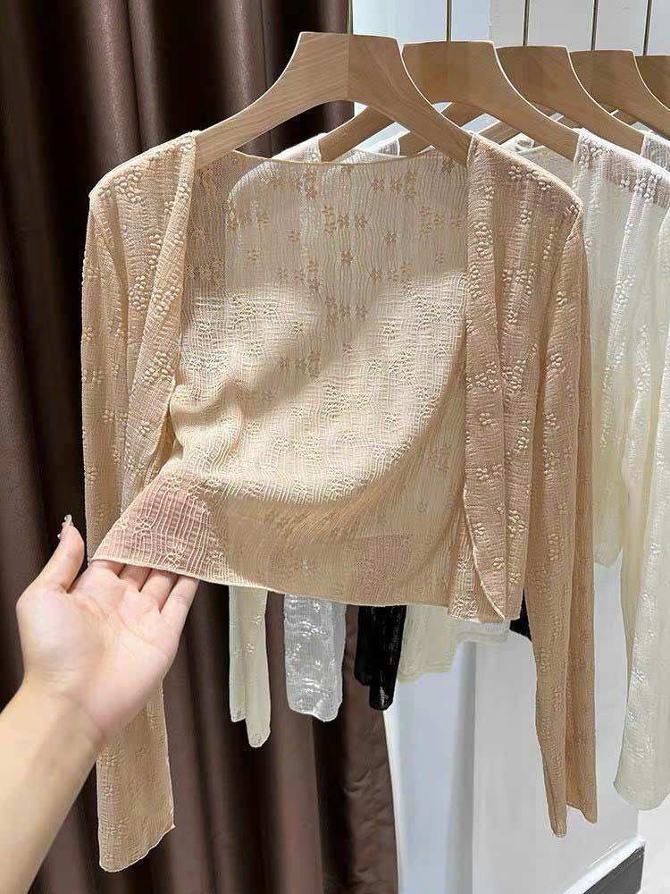 Áo Khoác Lửng Ren Mỏng Hoa Nổi Tay Dài