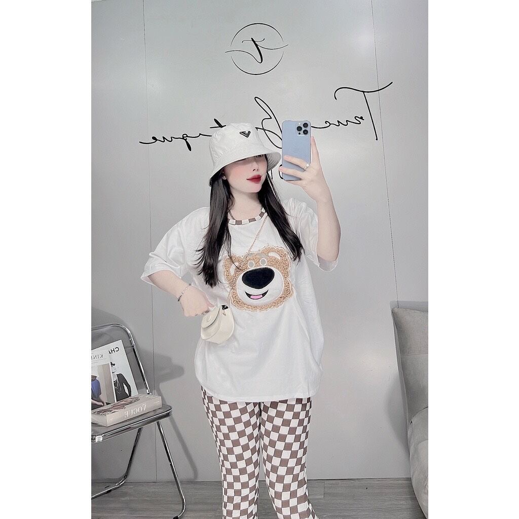 Sét bộ gấu pooh phối quần kẻ legging.