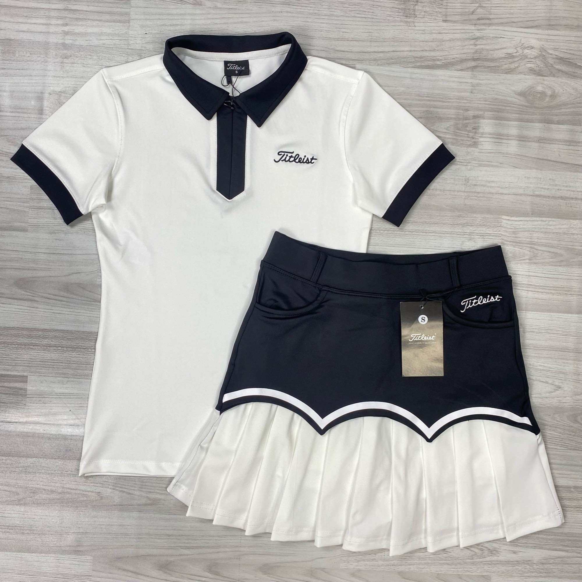 Bộ váy xếp ly cầu vồng Titleist áo cộc tay cổ trụ dây kéo viền thể thao sport chơi golf, tennis, cầu lông siêu yêu