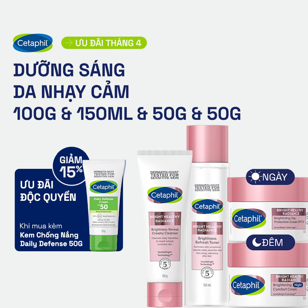Trọn bộ 4 sản phẩm dưỡng sáng Cetaphil Bright Healthy Radiance Sữa rửa mặt 100g + Nước cân bằng 150ml + Kem dưỡng ẩm ngày 50g và Kem dưỡng ẩm đêm 50g