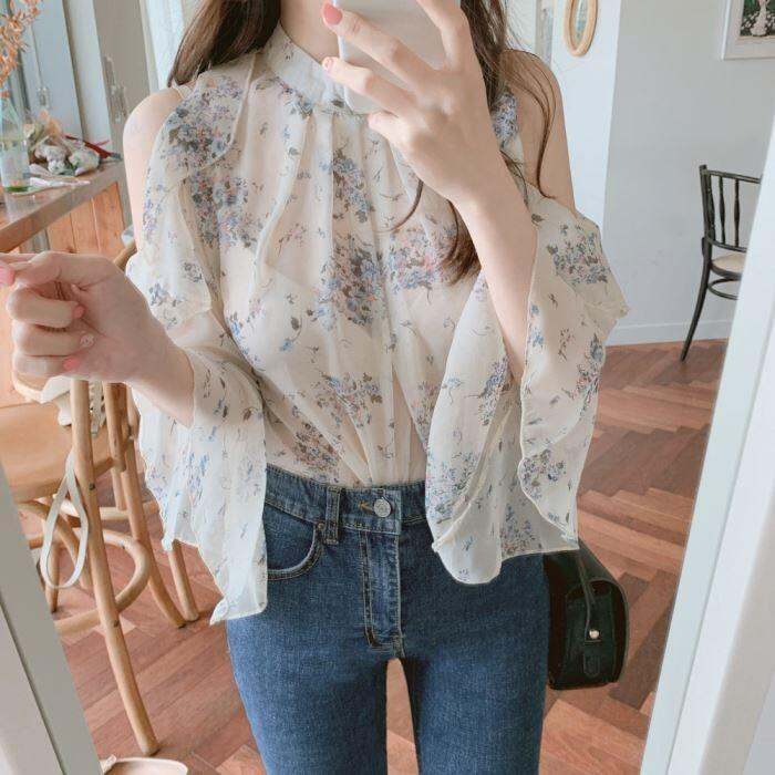 Áo Chiffon Chất Lượng Hoa Nhí Kiểu Pháp, Áo Sơ Mi Thiết Kế Thiểu Số Vai Loj Cảm Giác Tiểu Kế Rộng Rãi Kiểu Tây Cho Nữ, Áo Mỏng Xuân Hè