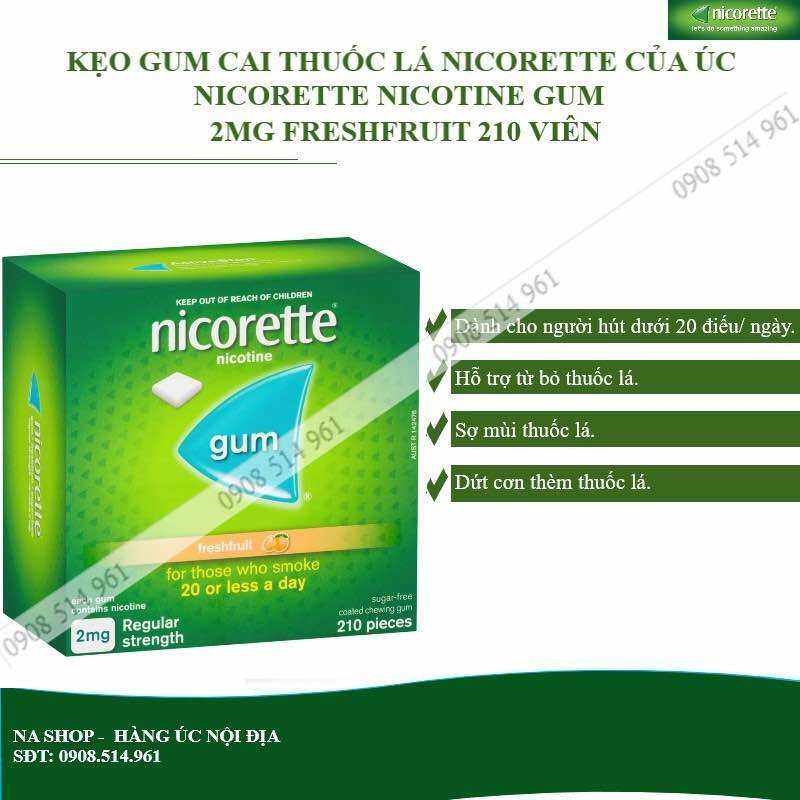 NICORETTE GUM 2MG-4MG VỊ FRUIT TRÁI CÂY 210 VIÊN GIÚP TRẮNG RĂNG VÀ CAI THUO-C LÁ