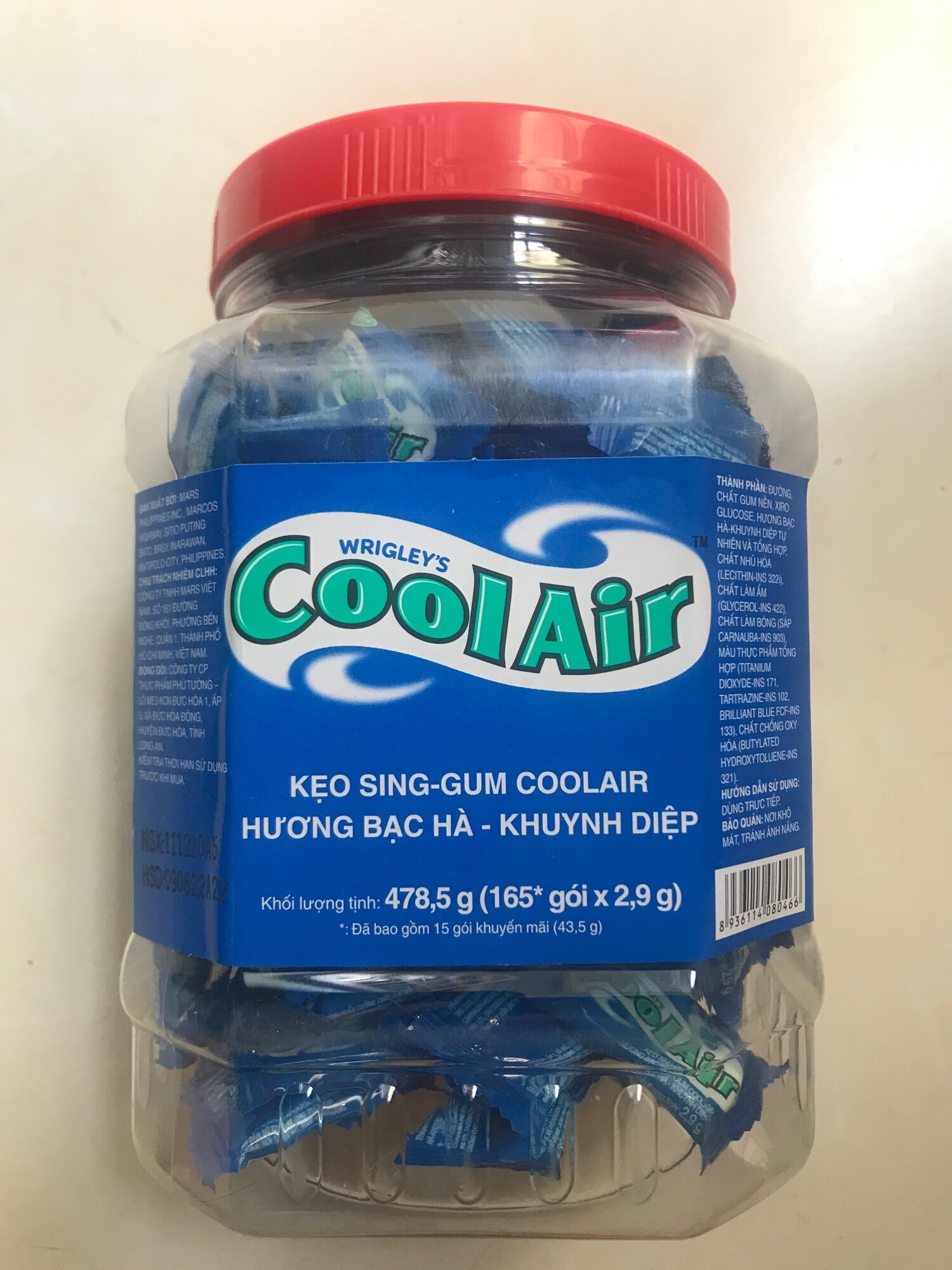 Kẹo Singgum Cool Air Hủ 478,5 g (165 gói x 2,9g)
