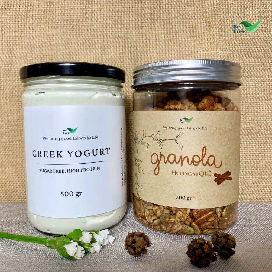 Combo: Sữa Chua Hy Lạp (500gr) & Granola Vị Quế (300gr) - Be Free - Healthy, Giàu Protein, Siêu Cuốn