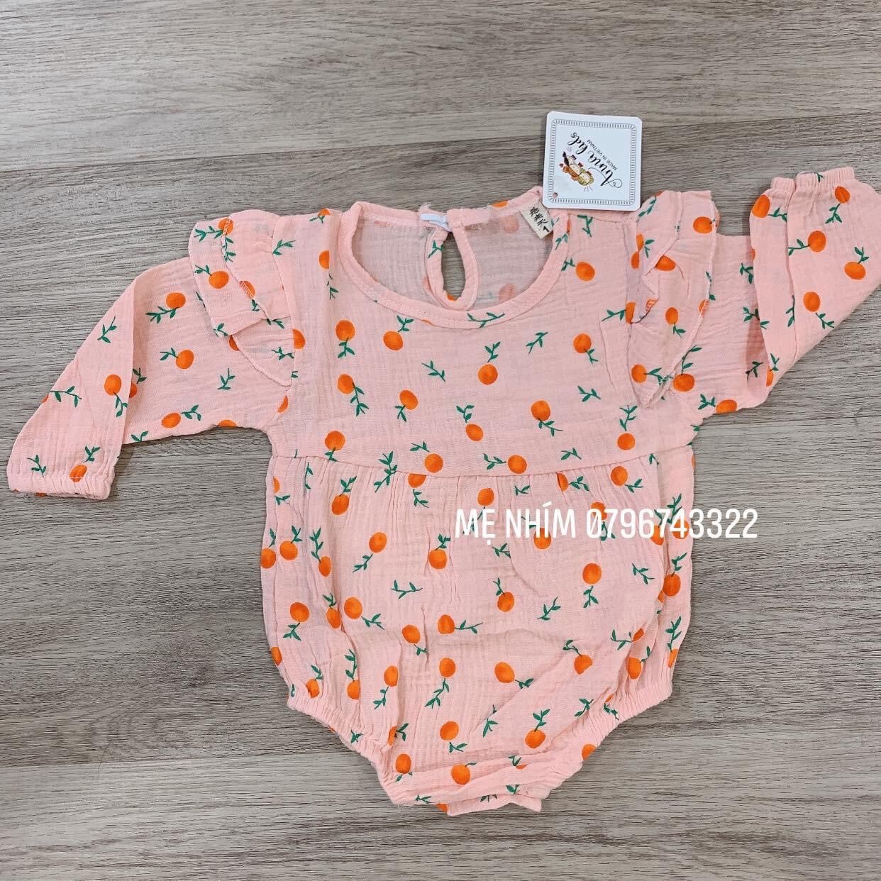 Bodysuit xô muslin tay dài cho bé gái, body đáng yêu cho bé
