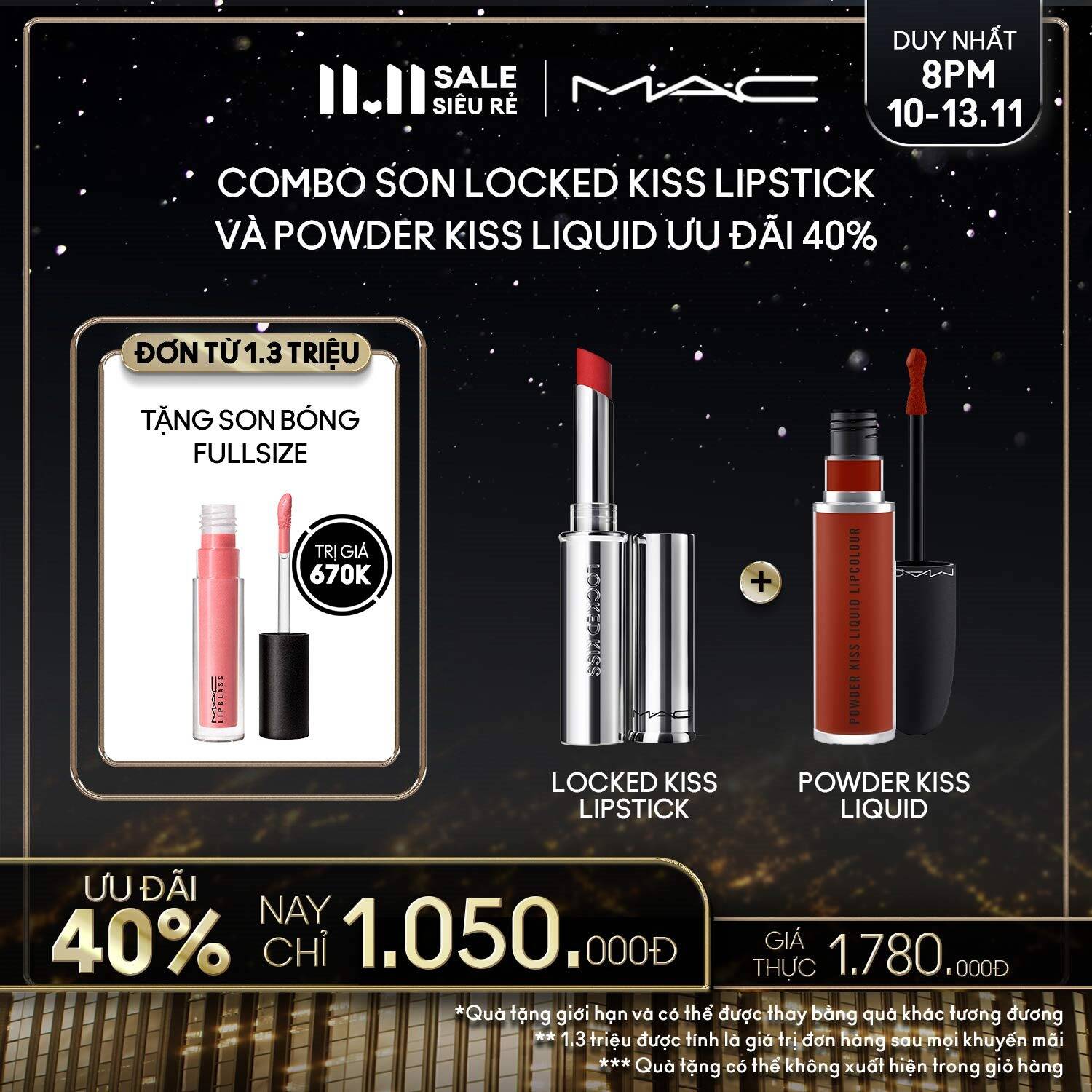 [ĐỘC QUYỀN LIVESTREAM 11.11] MAC - Bộ 2 món: Son kem MAC Powder Kiss Liquid Lipcolour  Son lì MAC Lo