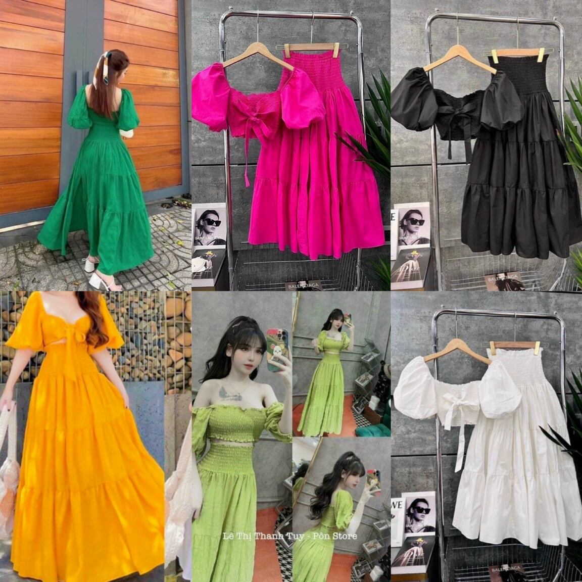 Set đầm maxi dsi biển tay phồng caro xốp