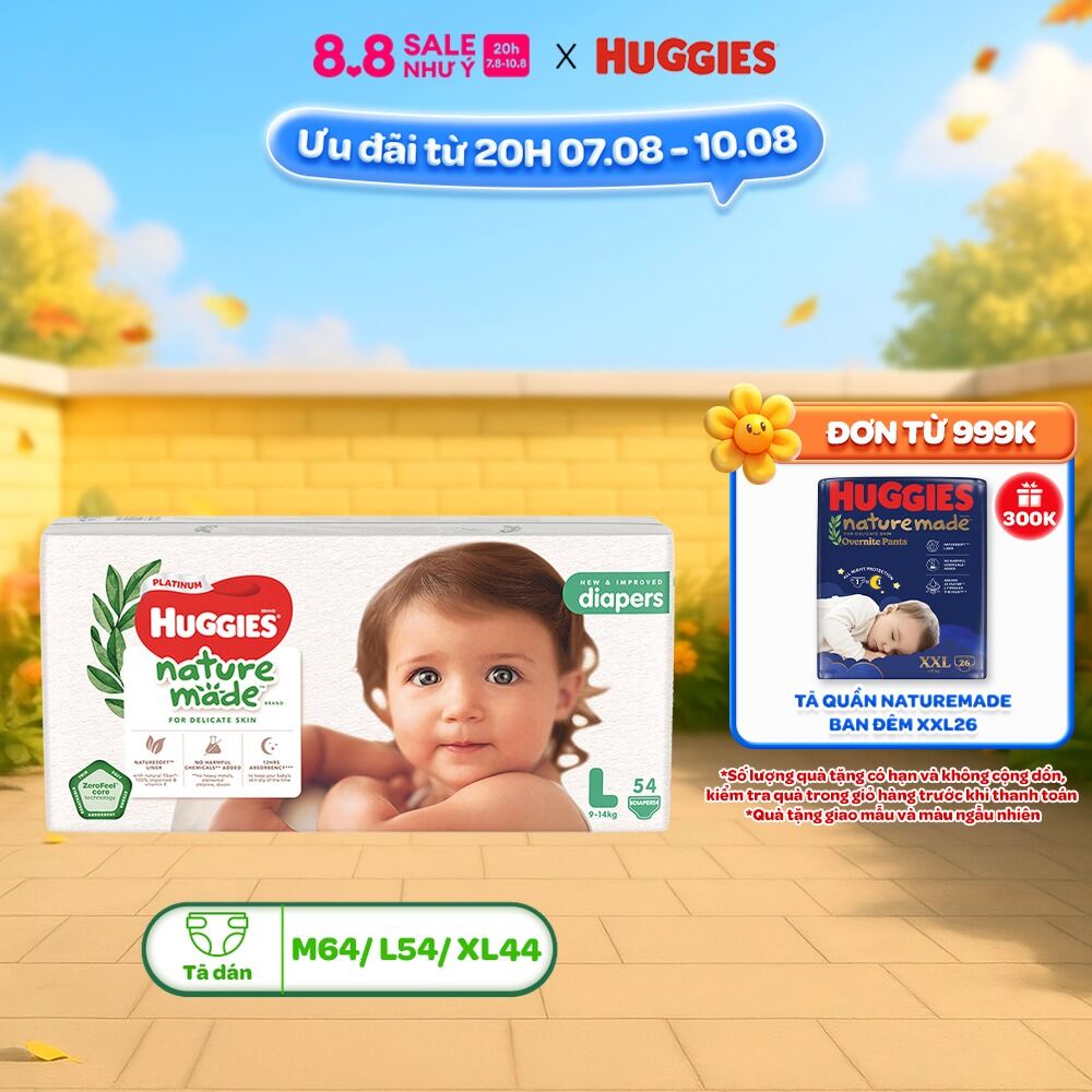 Tã/Bỉm dán Huggies NatureMade NB60/S82/M64/L54/XL44