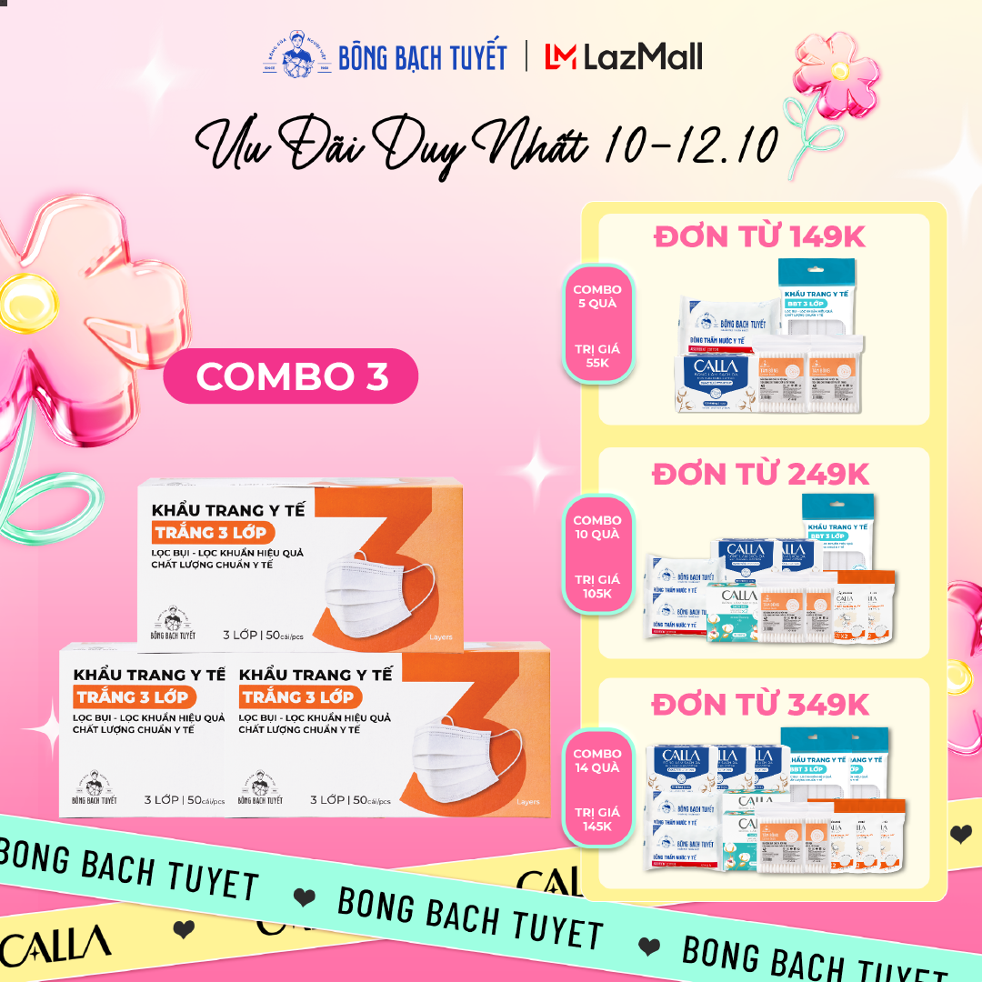 Combo 3 Hộp Khẩu trang Bông Bạch Tuyết 3 lớp trắng (50 cái/hộp)