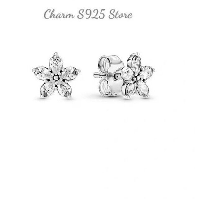 Bông tai pandora hoa 5 cánh đính đá trắng bạc s925