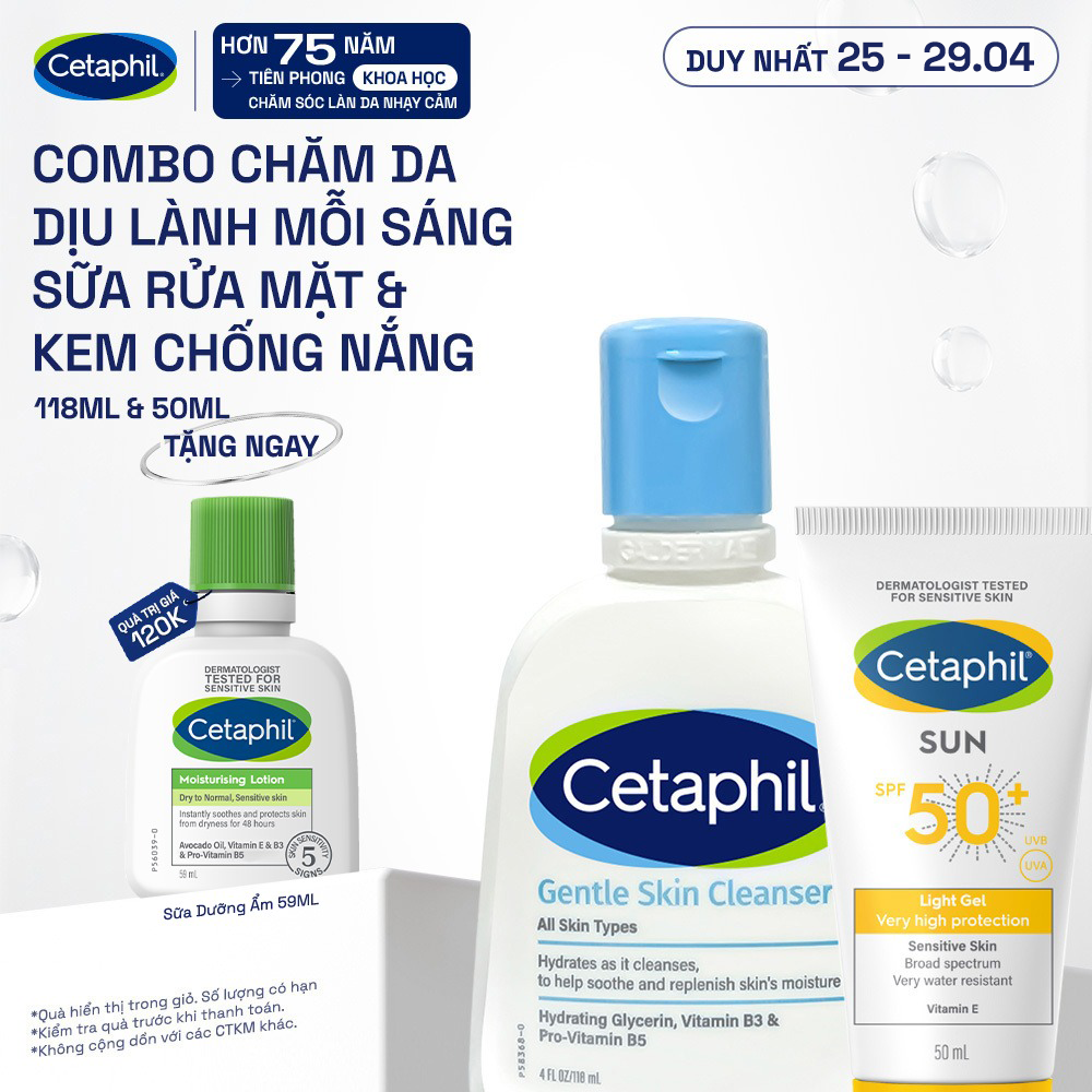 Bộ Sữa rửa mặt CETAPHIL GENTLE SKIN CLEANSER 125ML  Gel chống nắng dịu lành CETAPHIL SUN SPF 50+ LIGHT GEL 50ML