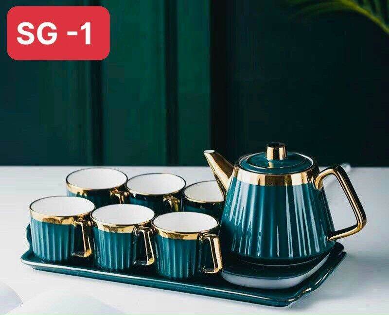 bộ ấm chén xanh cổ vịt kẻ mạ vàng