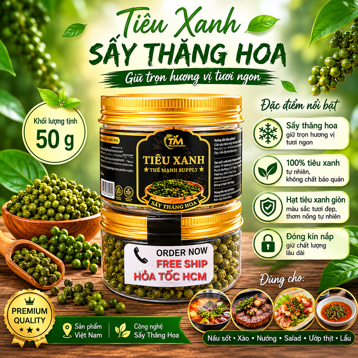 [Hũ 50g] Tiêu xanh sấy thăng hoa, 100% từ tiêu xanh tươi, vị cay mạnh, thơm đặc trưng, phù hớp ướp, kho, nấu, giòn xanh tự nhiên