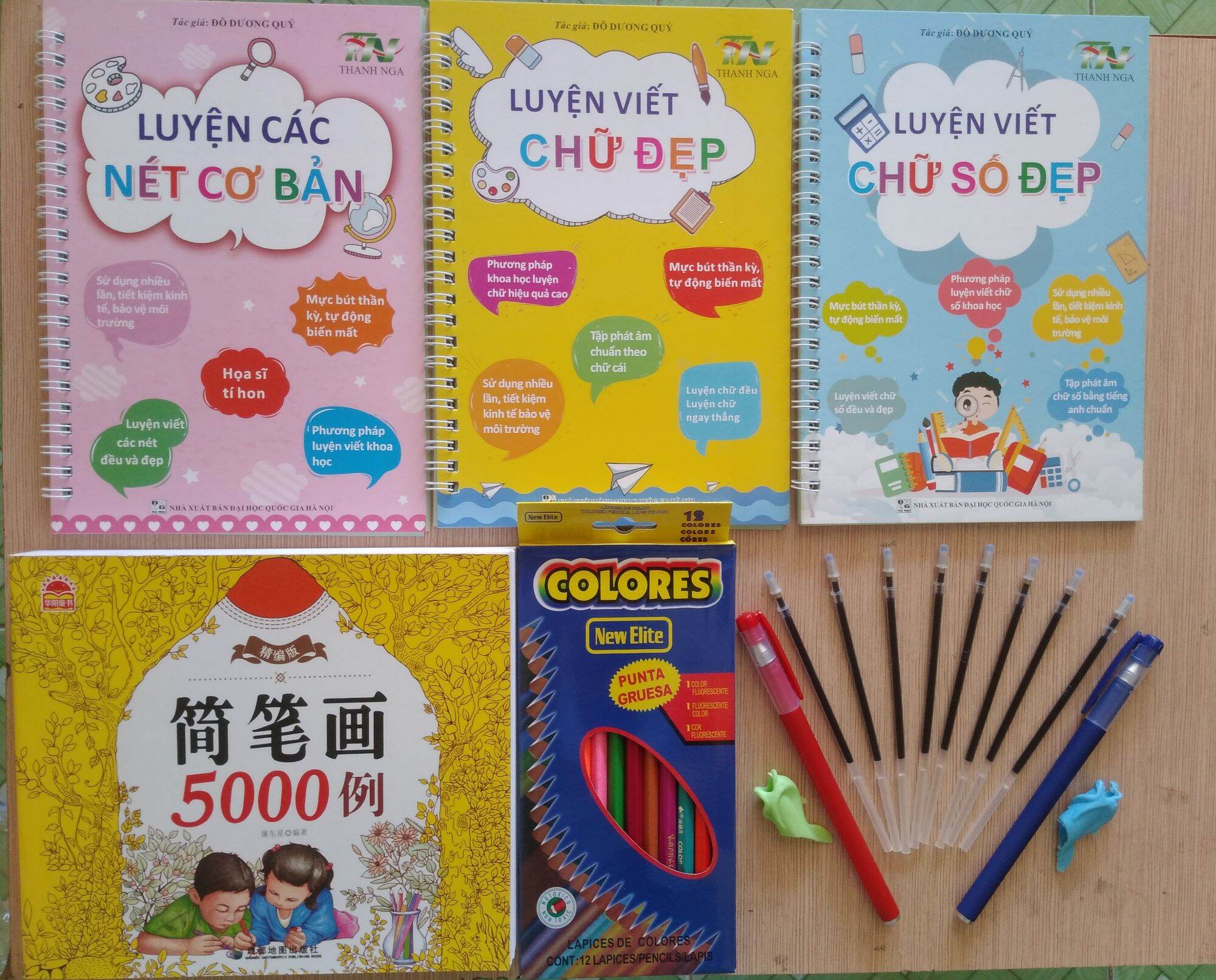 Combo sách tô màu 5000 hình và 3 quyển tập viết tự xóa kèm bút cho bé